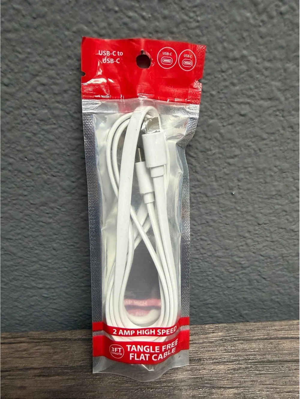 3ft USB-C to USB-C Fast Charging Cable Tangle Free Flat Cord High Speed White
